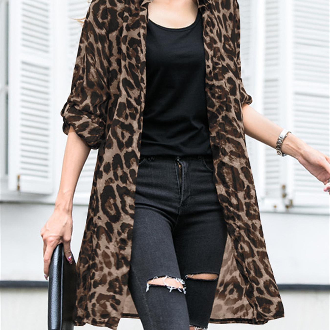 Ayollar uchun katta o'lchamli leopard bosma uzun qoʻl kimono kardigan