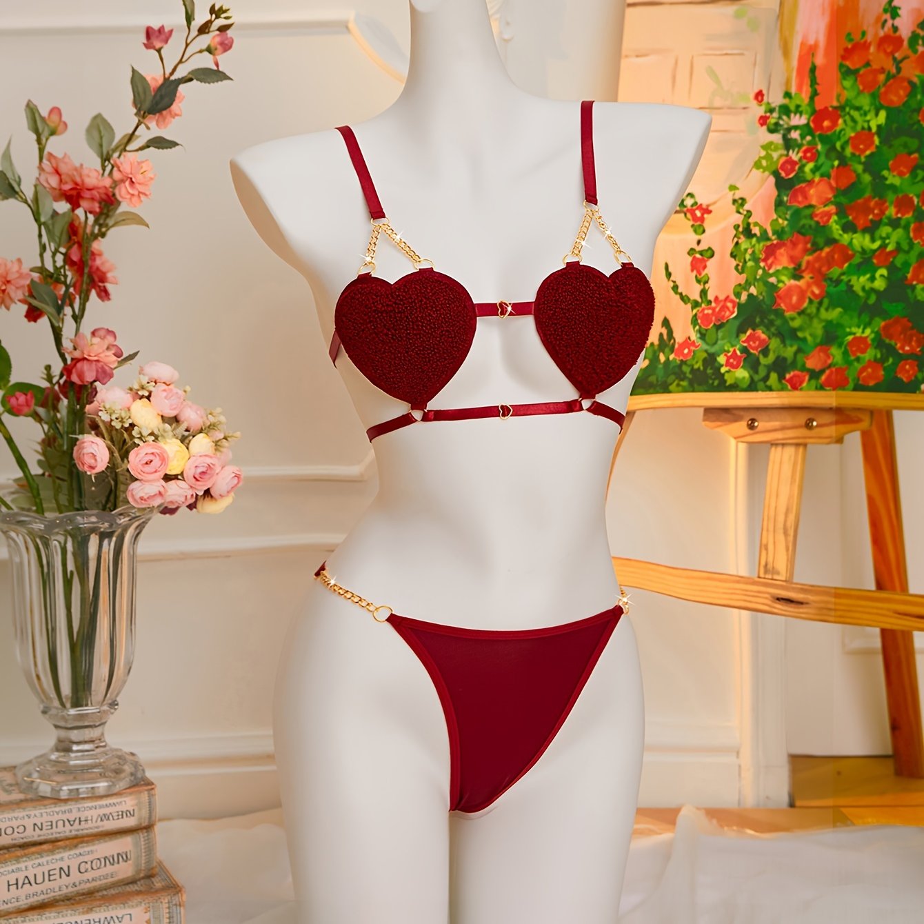 Women’s Gold Lingerie Set with Heart-Shaped Double Strap Bra and Thong