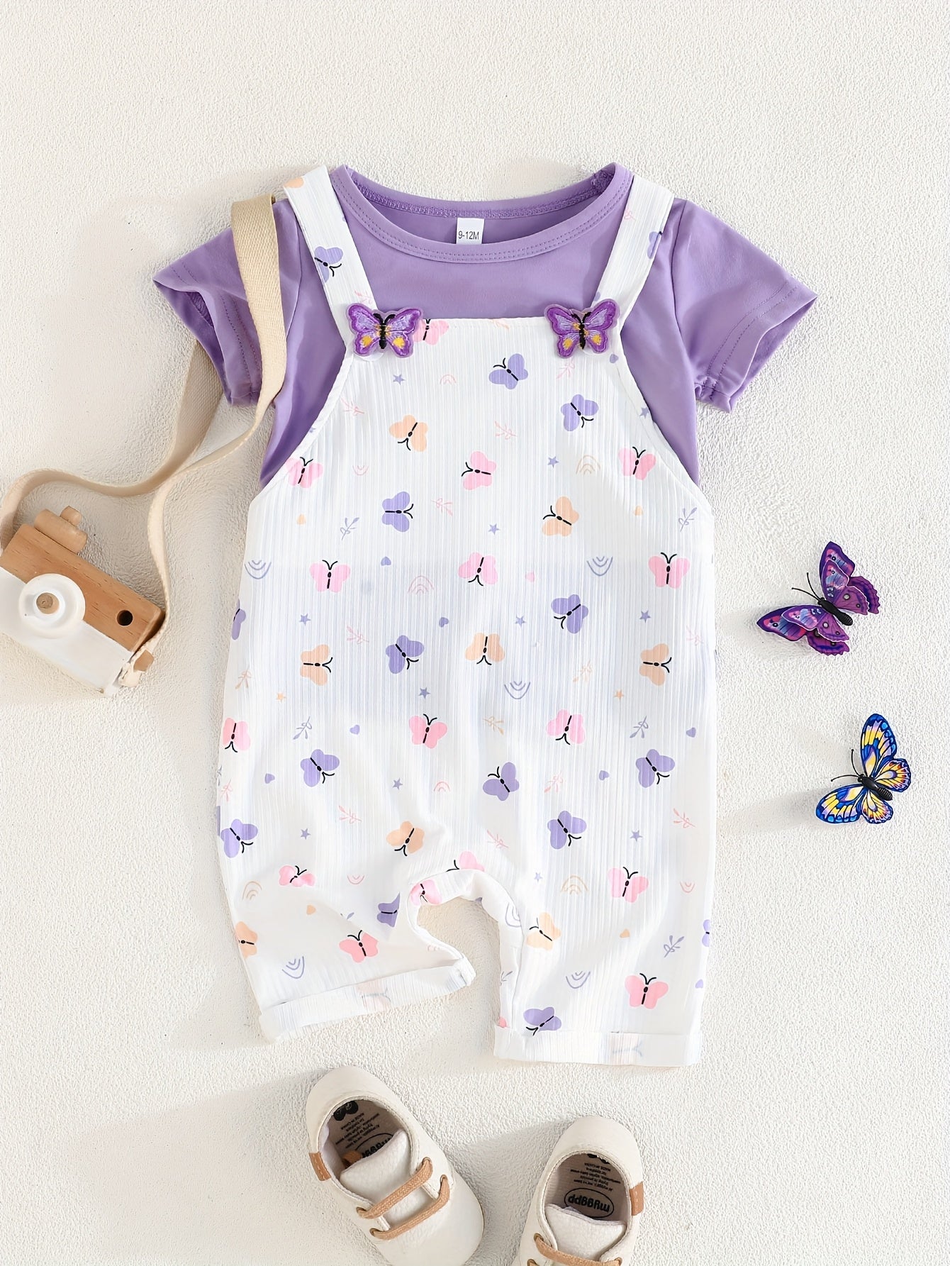 Girls' Summer Butterfly Print Romper and T-Shirt Set Lightweight Polyester Short Sleeve Casual Wear for Girls 0-3 Years