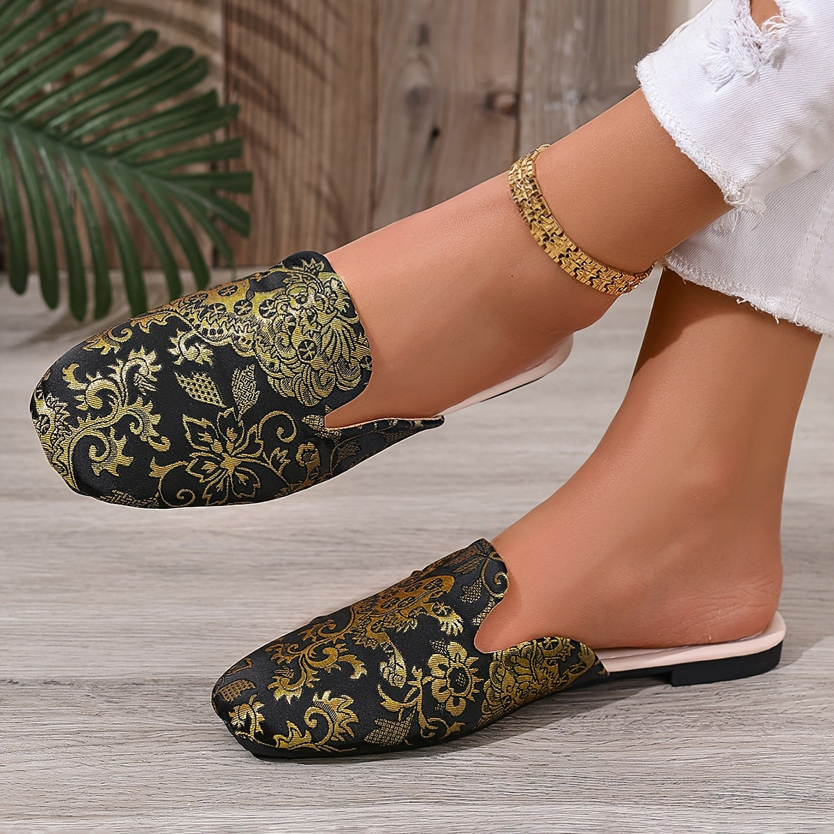 Women’s Black Embroidered Flat Shoes with Golden Floral Pattern Summer Slip-Ons