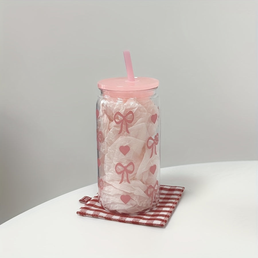 16oz Pink Bowknot Travel Mug with Straw and Lid BPA-Free Plastic