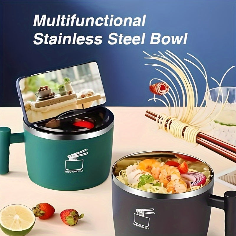 Stainless Steel Noodle Bowl with Lid, Durable, Portable for Dorms and Office
