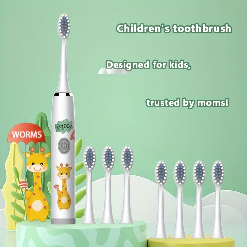 Kids Electric Toothbrush Blue White Giraffe Design Battery Powered for Ages 3-15