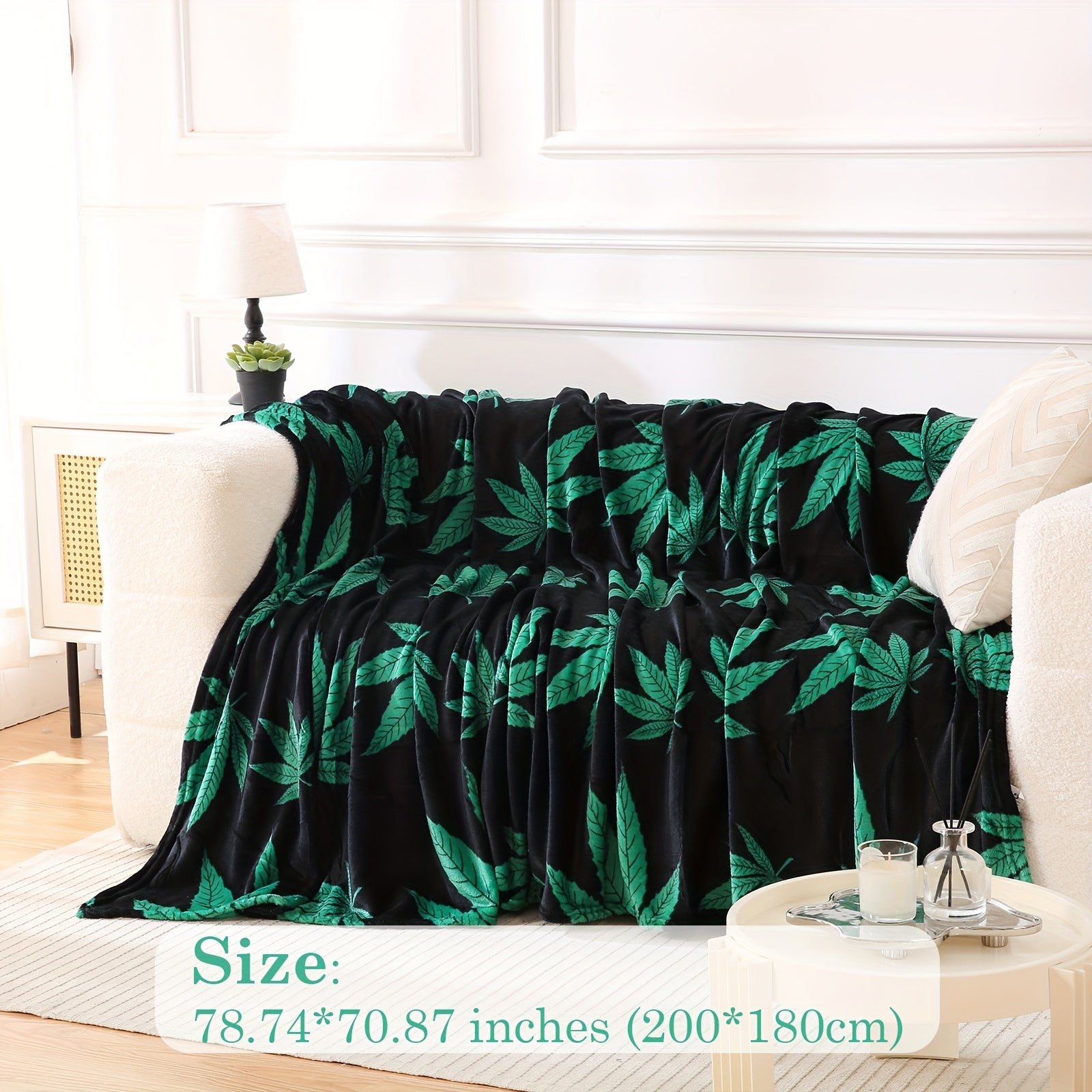 Rustic Style Flannel Blanket with Marijuana Leaf Print for Couch Bed and Travel