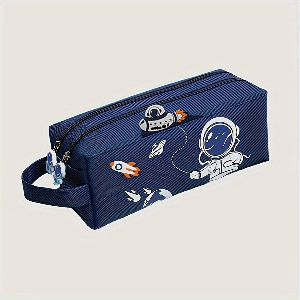 Space Astronaut Cartoon Animal Canvas Double-Layer Pencil Case for School Supplies