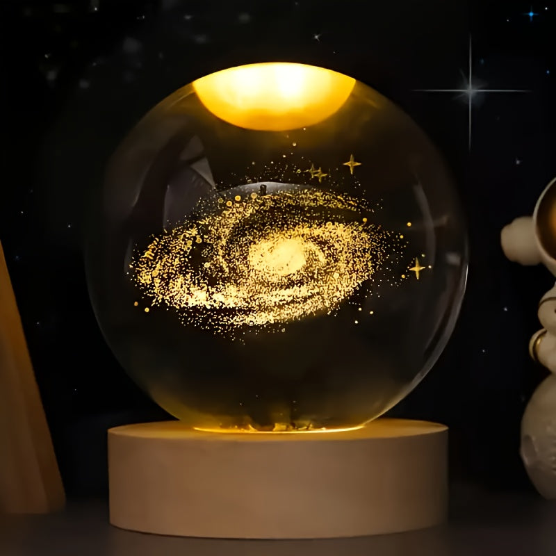 3D Crystal Ball with Solar System and Moon Engraving USB Powered Space Decor for Home Office