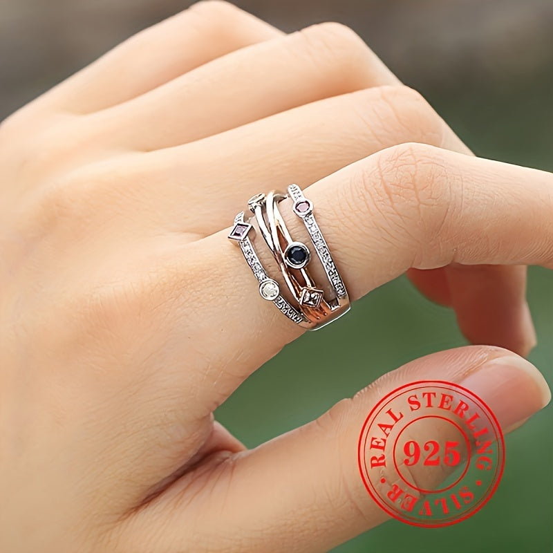 Women's Multi-Layer Sterling Silver Ring with Synthetic Gemstones