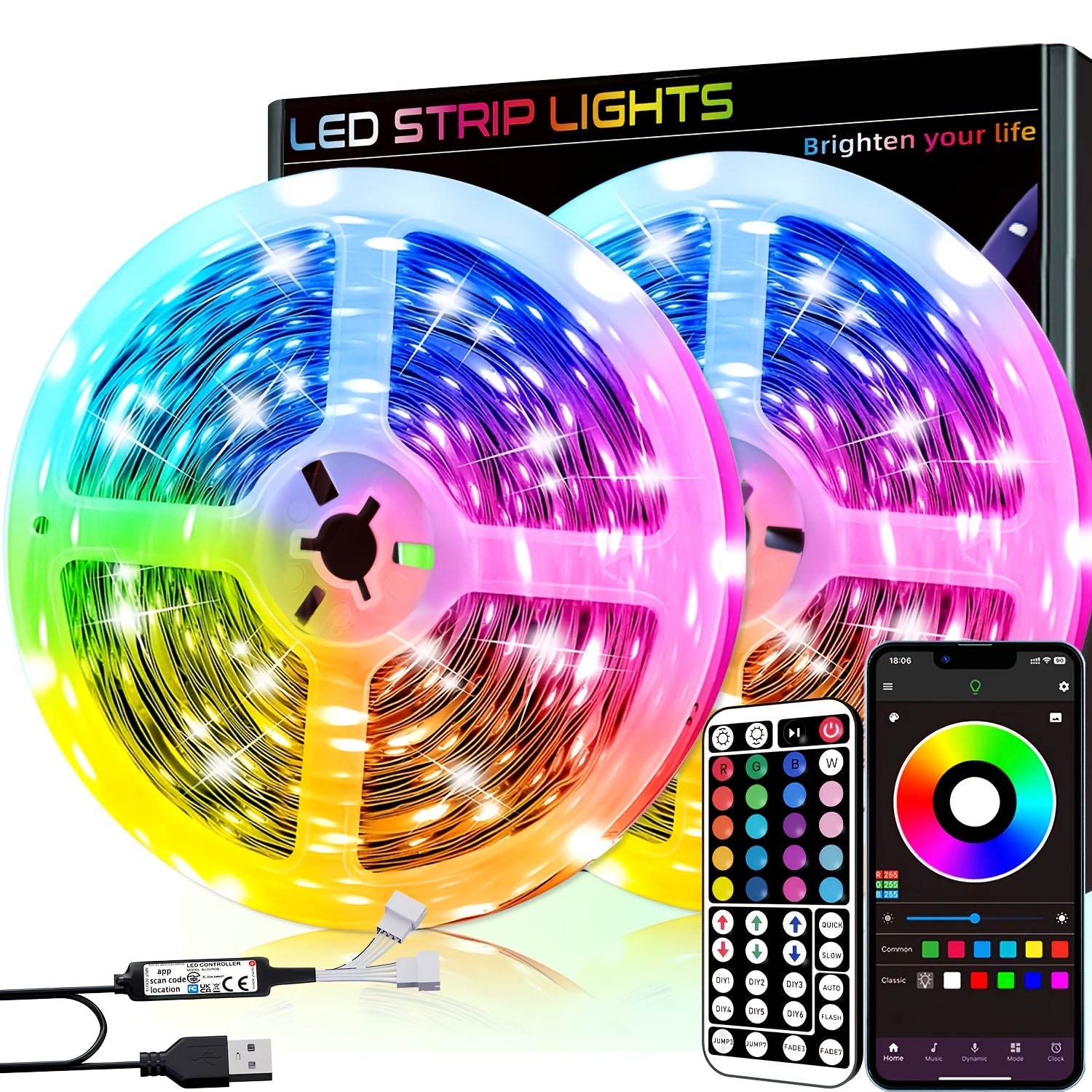 RGB LED Strip Lights with Music Sync Dimmable Timer for Indoor Decor