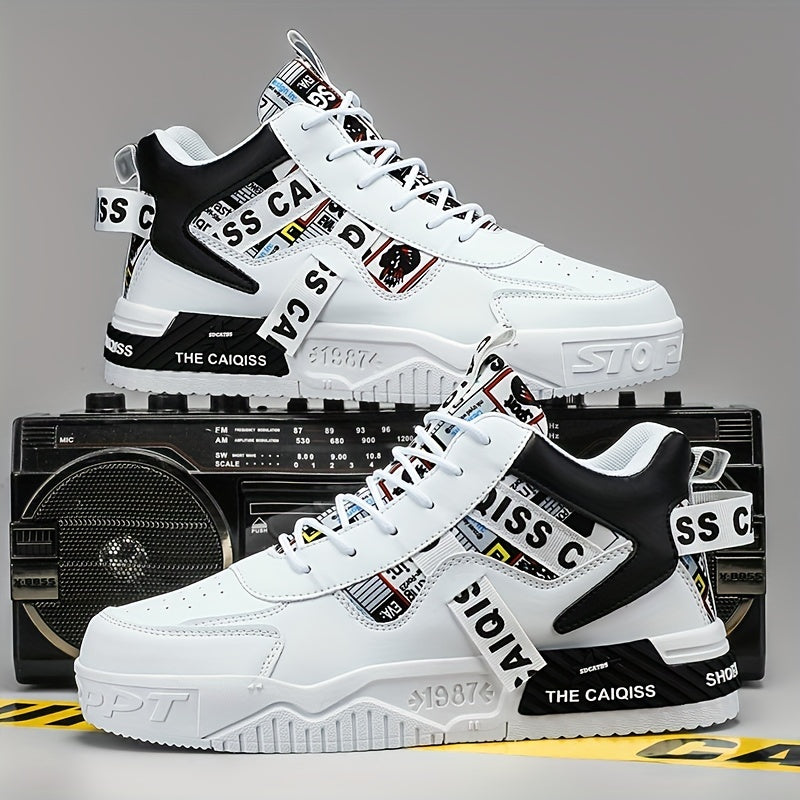 Men's High-Top Lace-Up Sneakers with Cartoon Accents Breathable Faux Upper for Running and Skateboarding