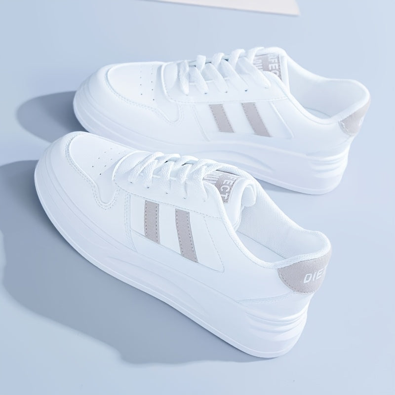 Women's White Sneakers with Blue Stripes Waterproof Non-Slip Casual Low Top