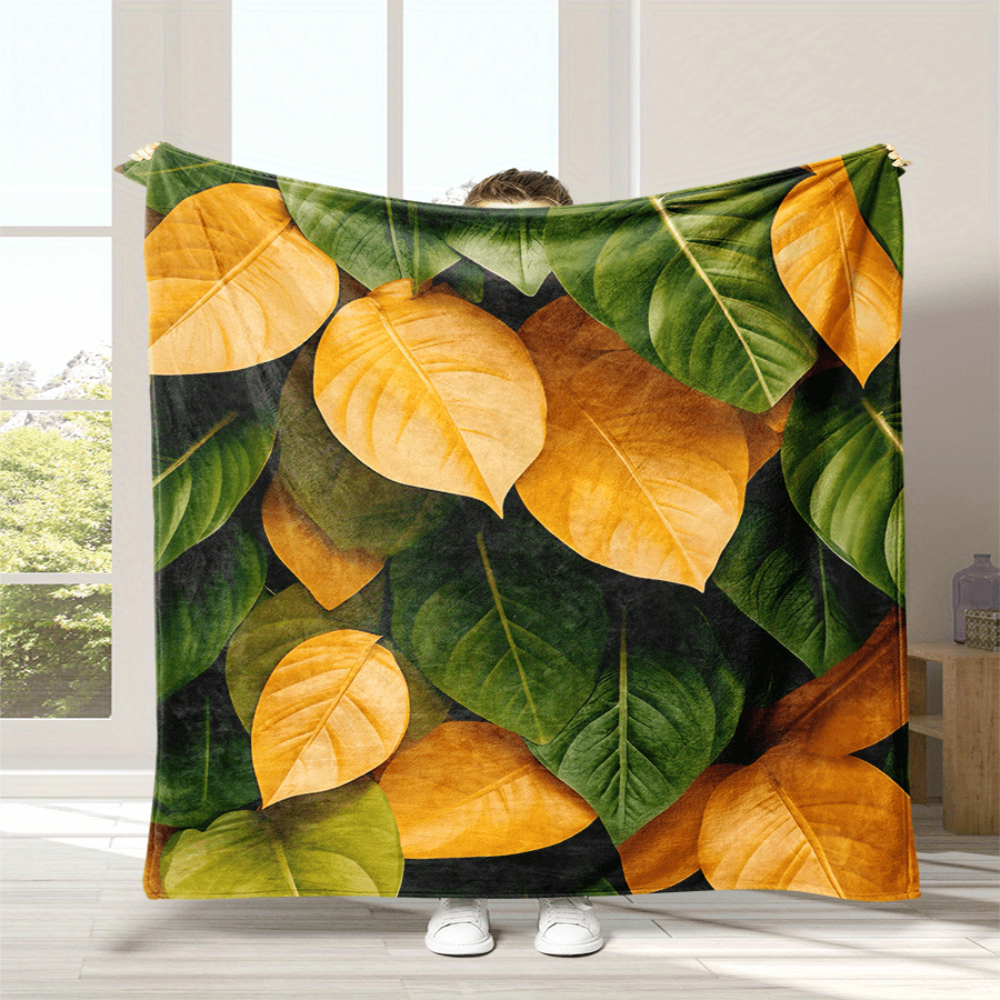 3D Leaf Print Flannel Blanket for Sofa Bed Travel Cozy Throw