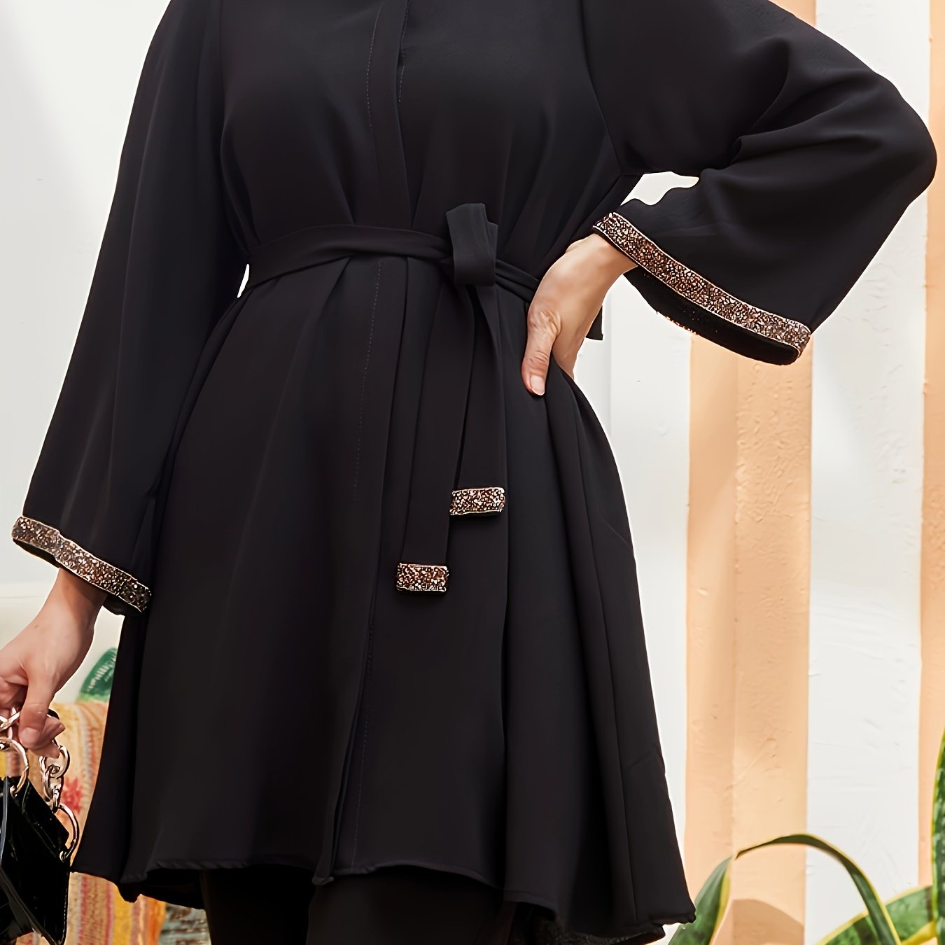 Top midi de mujer con pedrería, manga larga, de poliéster sólido, con cinturón, estilo del Medio Oriente