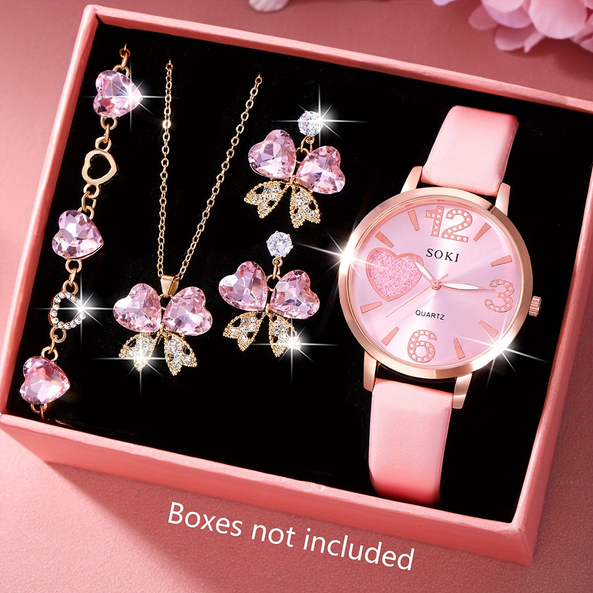 Ladies Fashion Digital Quartz Faux Leather Round Wrist Watch with Heart Jewelry Set