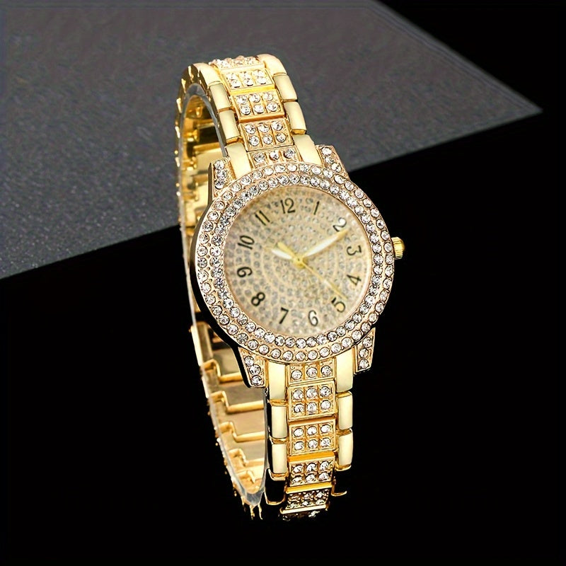 Women's Gold Quartz Watch Jewelry Set with Minimalist Wristwatch Necklace Bracelet Ring Earrings