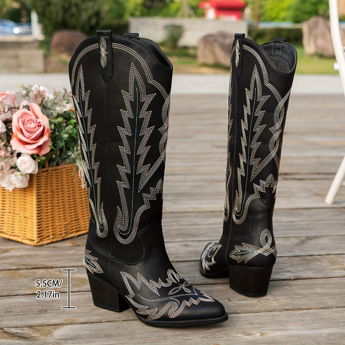 Women's Western Embroidered Faux Leather Cowboy Boots with Chunky Heel