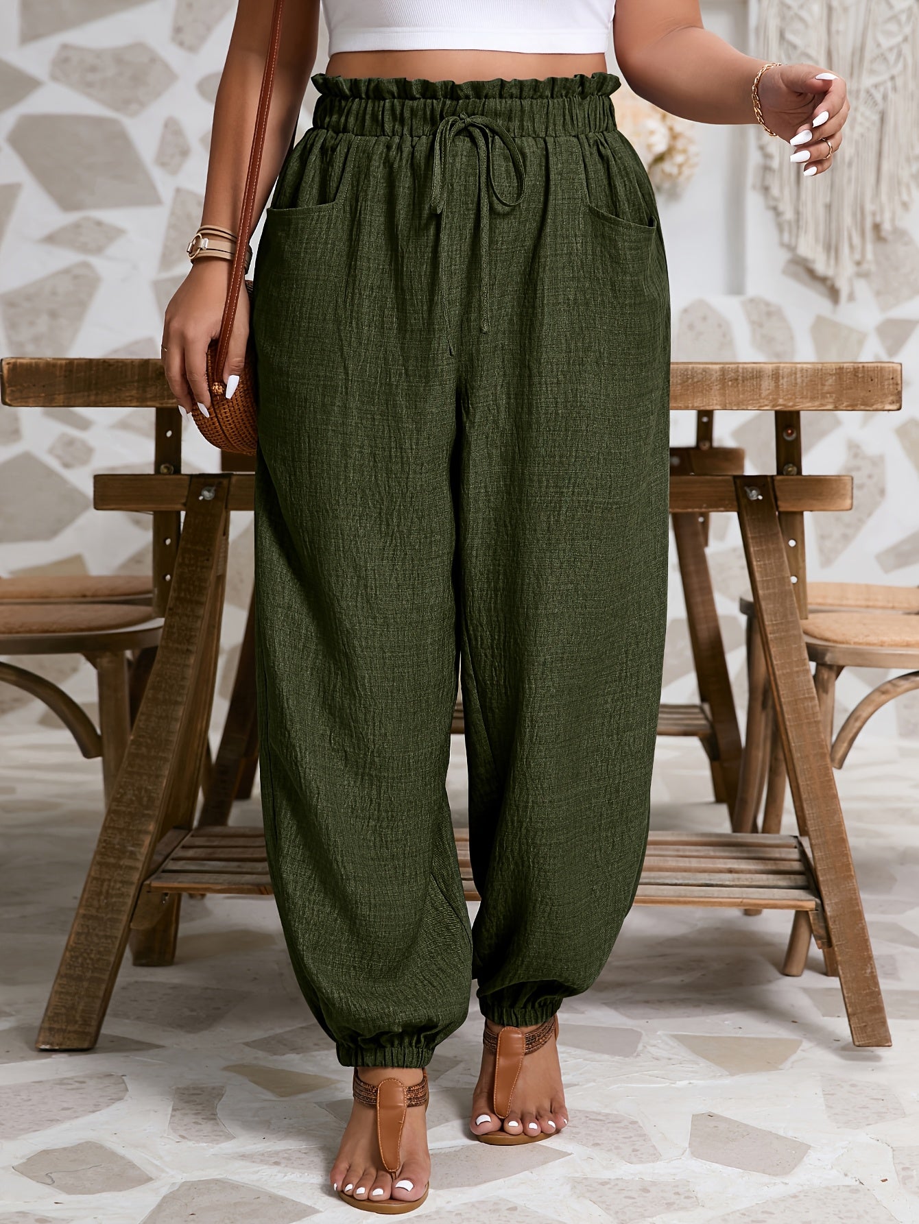 Women's Gray Harem Pants with Tie Waist and Ruffled Cuffs Polyester