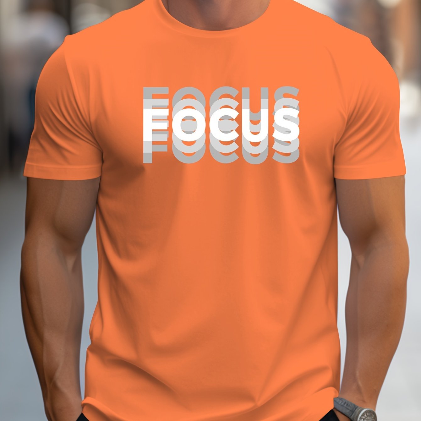 MBDMBD Erkaklar uchun Zamonaviy Harf Bosma T-Shirt, Oq rangda "FOCUS" Dizayni bilan. 180g/㎡ Polyester Aralashmasidan tayyorlangan.