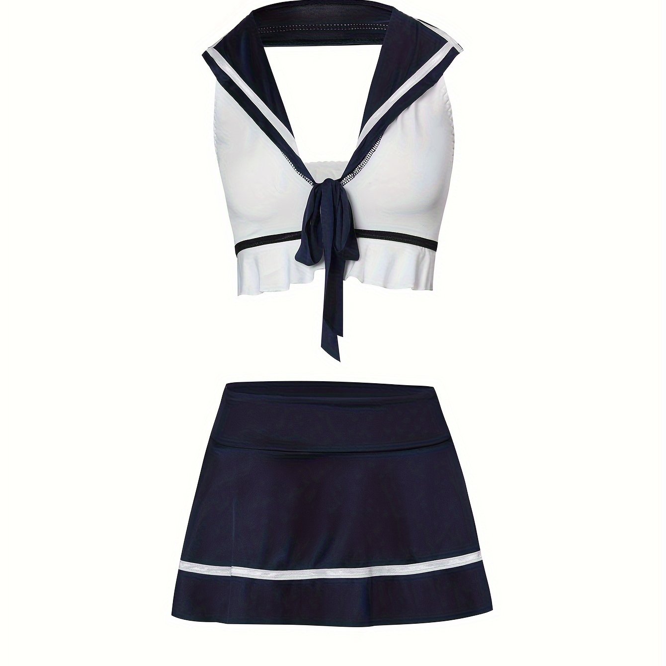 Jozibali ichki kiyim to'plami, yovvoyi rol o'ynash kostyumi, bo'yinbog'li ipli brassier va mini yubka.