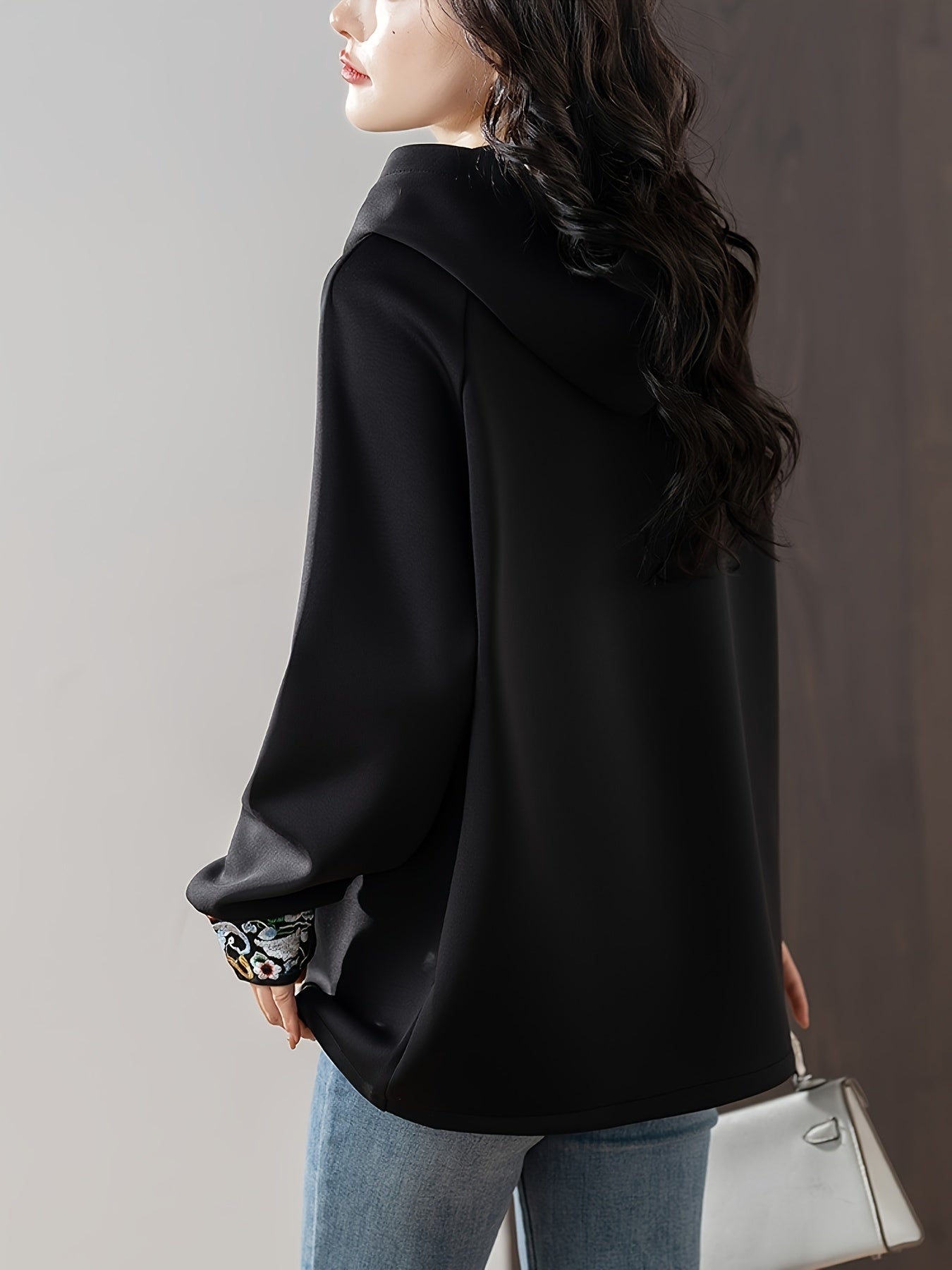 Women's Black Hoodie with Colorful Embroidery Loose Fit Pullover
