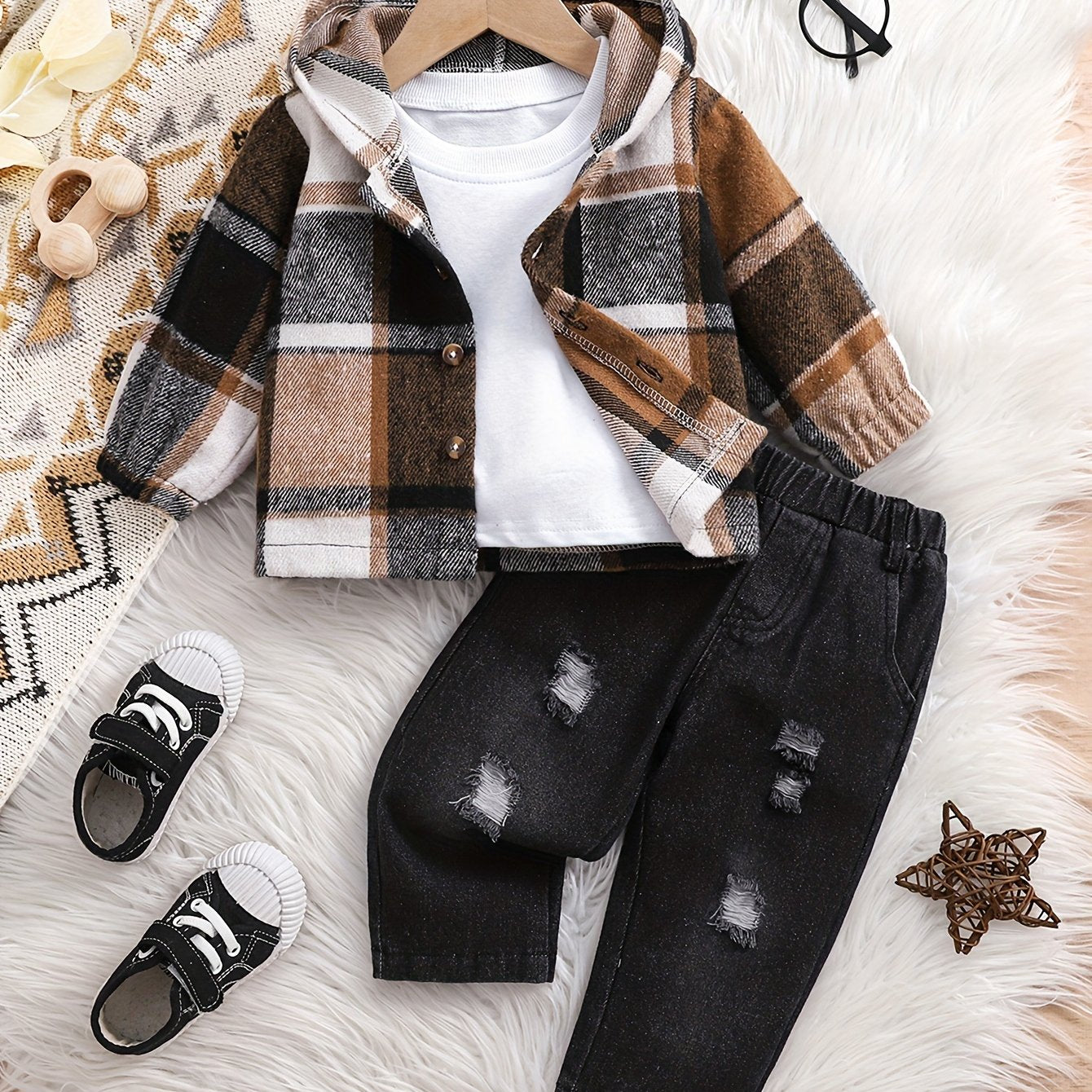 Kichkina erkaklar uchun toʻqilgan kapushonli koʻylak va kundalik jinsi shimlar toʻplami, bolalar uchun kuz bahor