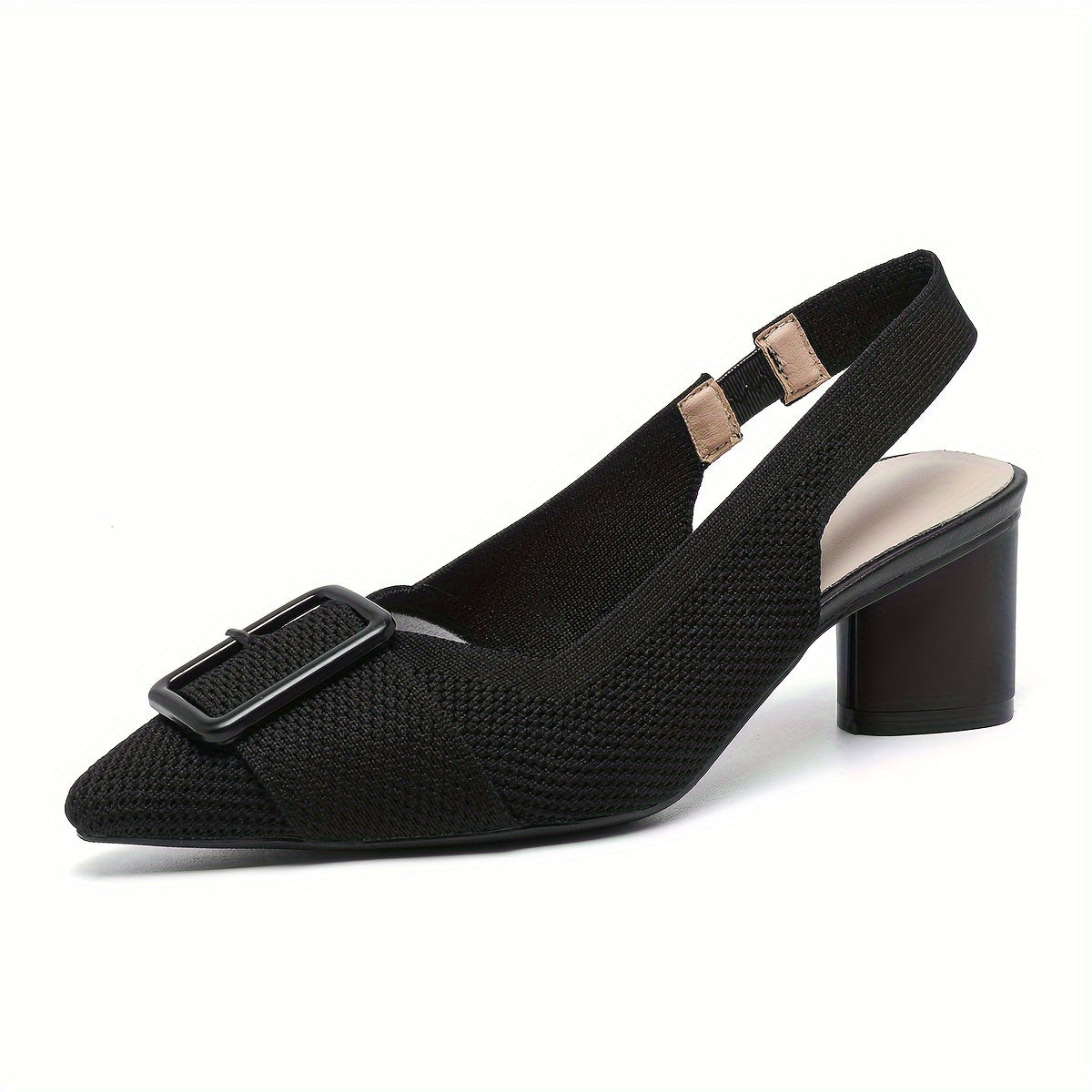 Women's Mid-Heel Pumps with Breathable Knit, Pointed Toe, Slip-On, Chunky Heel