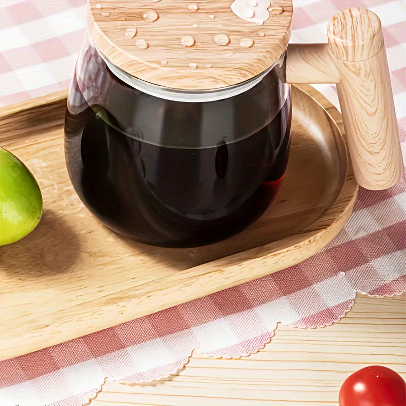 Self-Stirring Glass Mug 13.53oz Borosilicate Battery-Operated with Wooden Handle