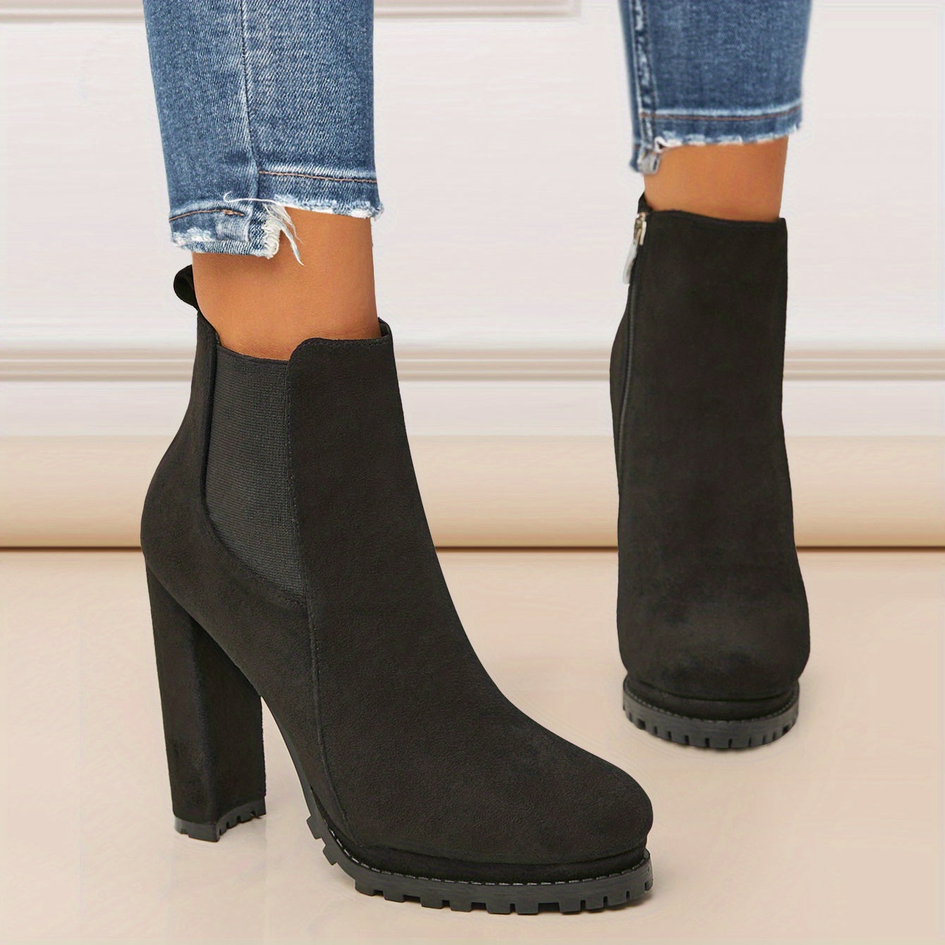 Women's Leather Pointed Toe Short Boots Side Zipper Chunky Heel