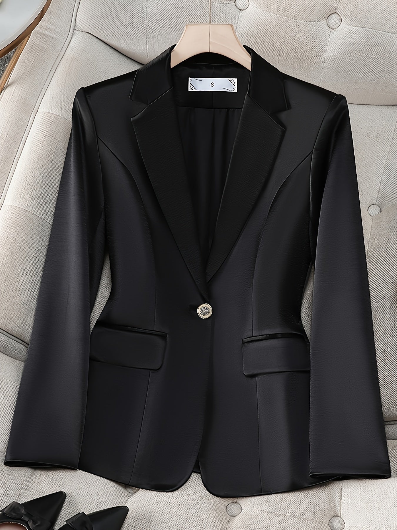 Women's Acetate Blazer Black Single-Button Formal Casual Jacket
