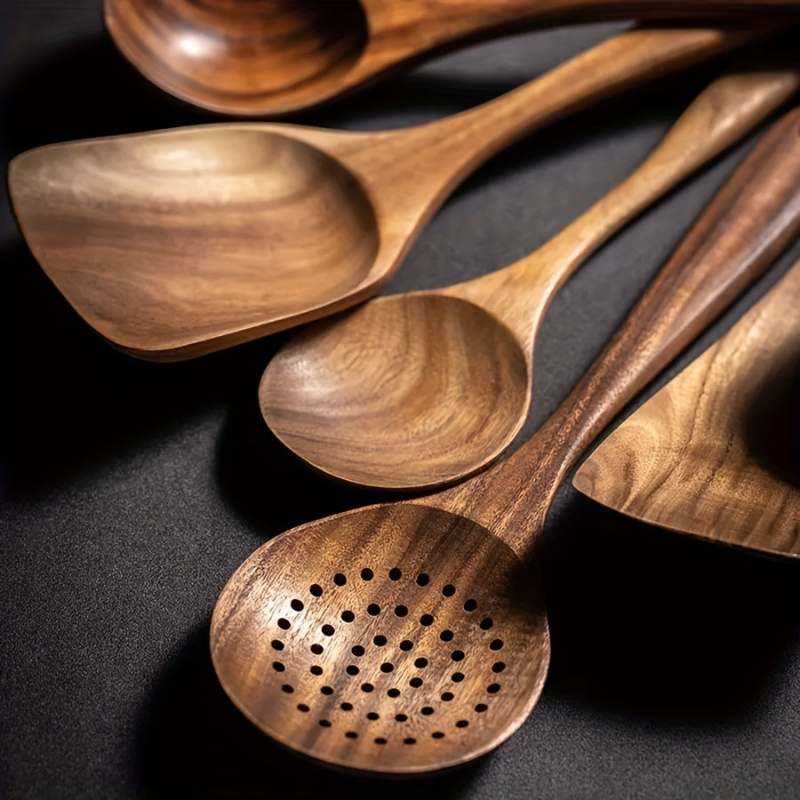 Set of 6 Wooden Spoons and 5 Kitchen Utensils for Cooking in Classic Wooden Design