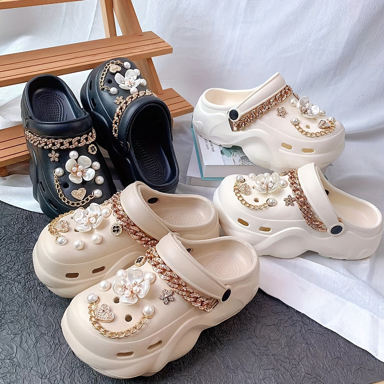 Women EVA Sandals Flat Heel Lightweight Breathable with Faux Pearl