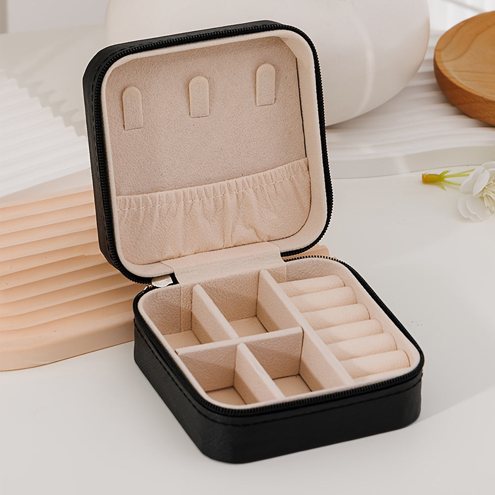 Портативный органайзер для украшений из искусственной кожи с застежкой-молнией, компактный дорожный кейс для колец, серег и ожерелий