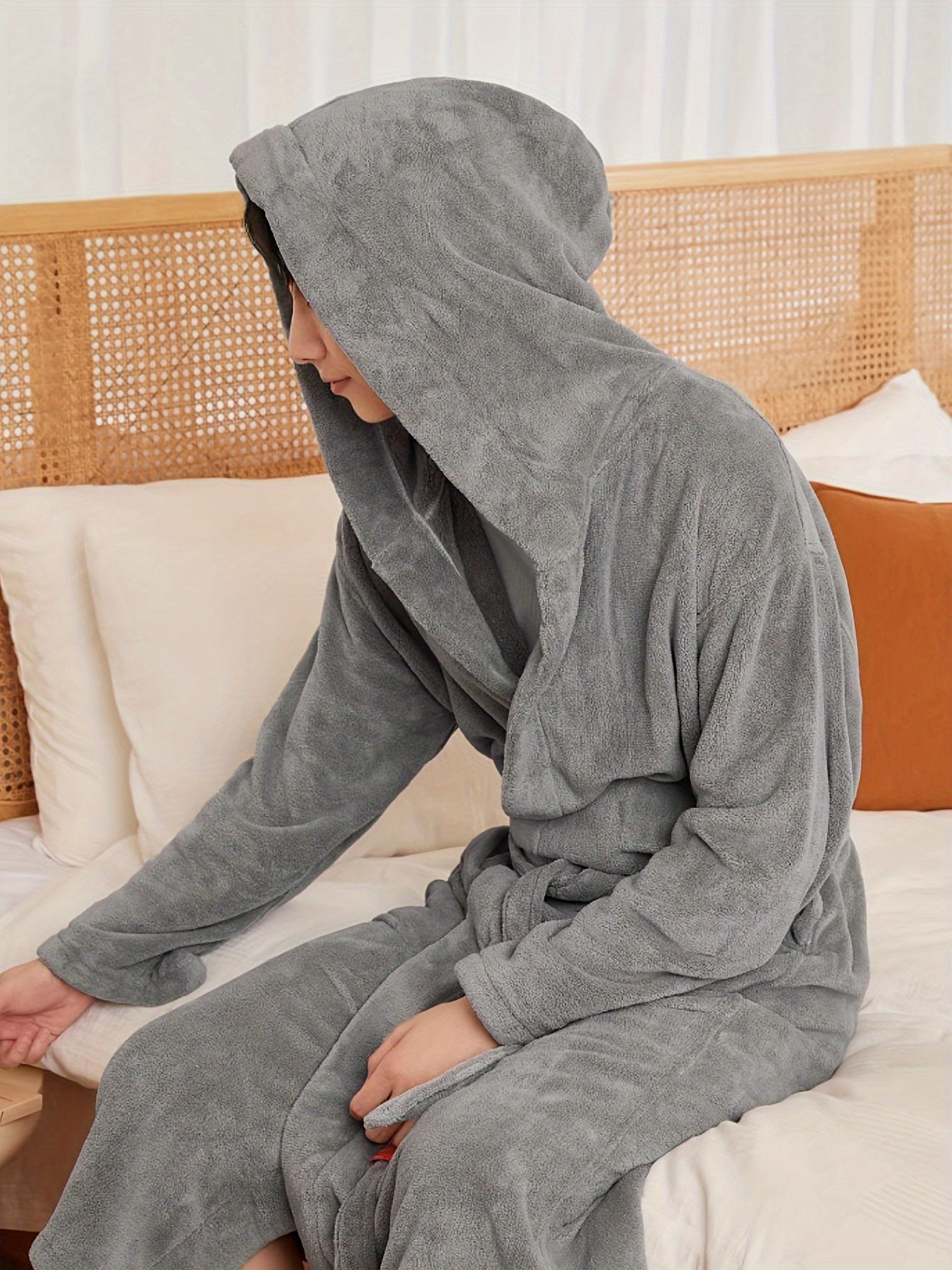 Халат с длинным рукавом и капюшоном для мужчин и женщин, из вязаной ткани, однотонный, повседневная домашняя одежда