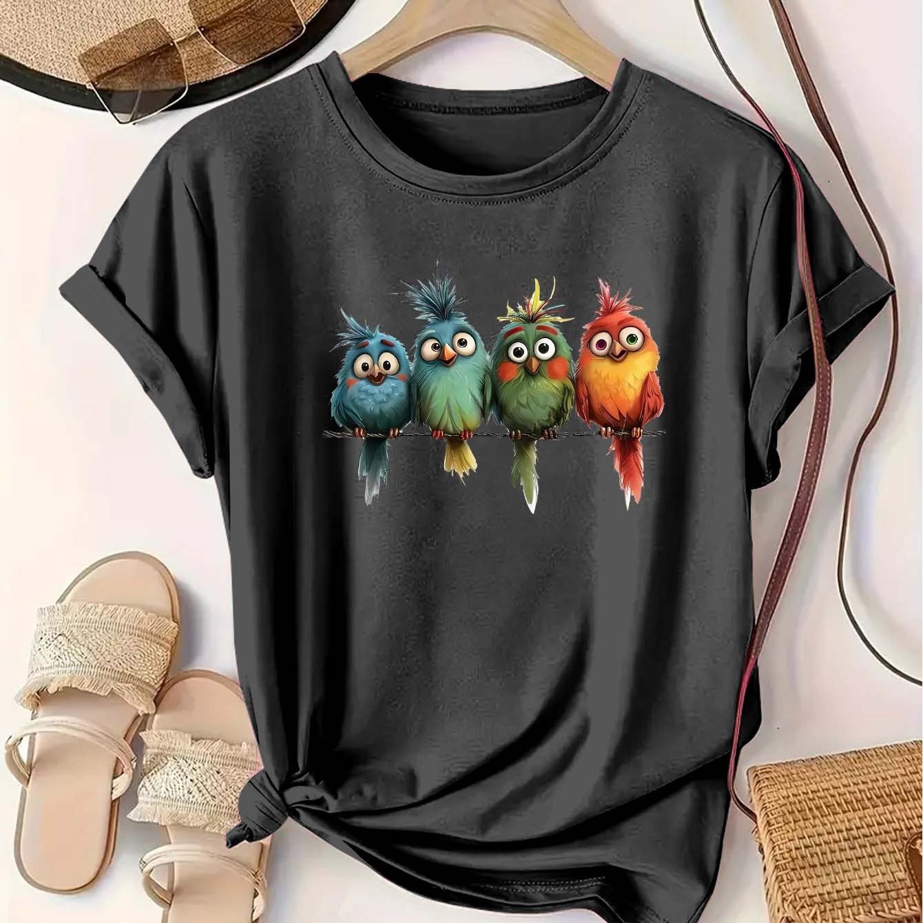 Plus Size Women's Casual Short Sleeve T-Shirt Vibrant Red Cartoon Birds Print