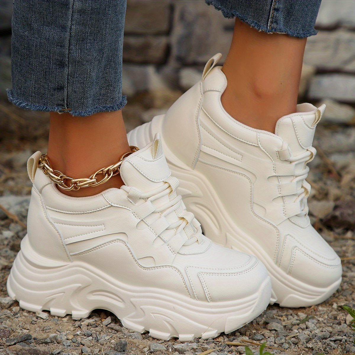 Women's White Platform Sneakers Casual Lace-Up Thick Sole All-Season