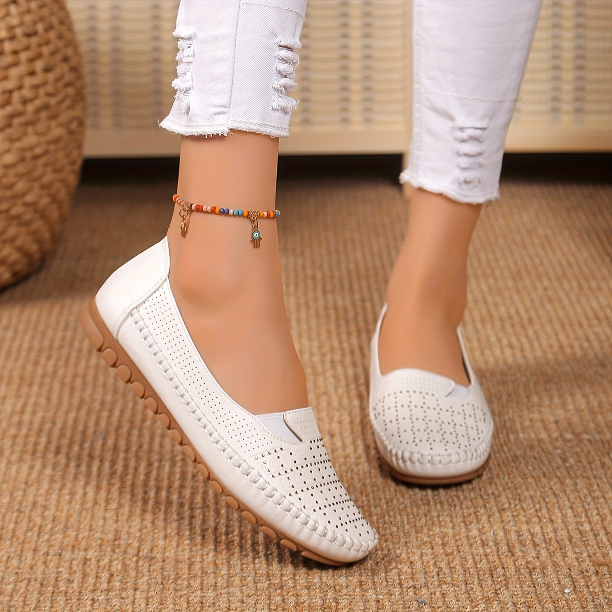 Women's White Slip-On Flat Shoes Lightweight Perforated Casual Comfort