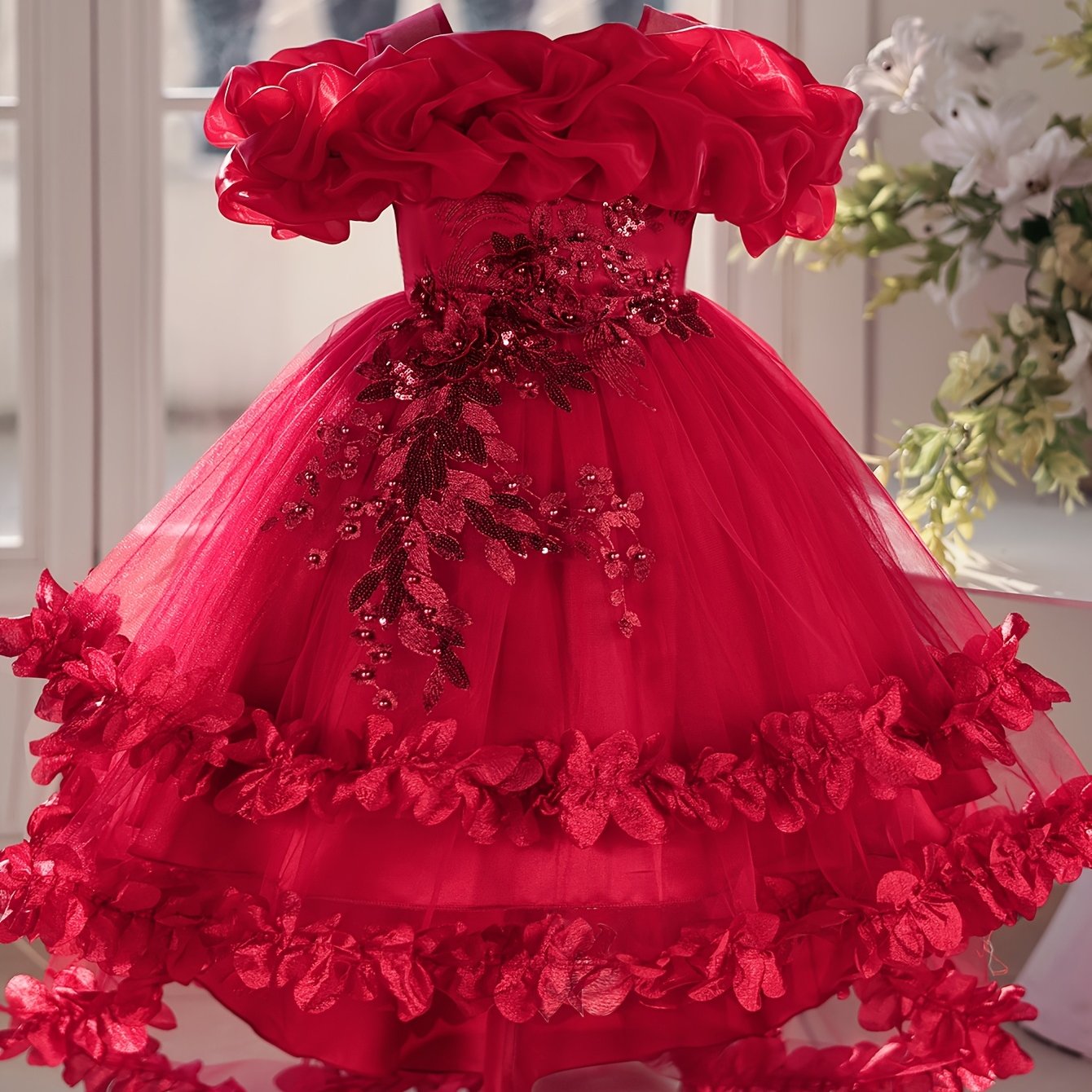 Girls Sleeveless Princess Dress with High-Low Hem Floral Appliques and Belt for Summer