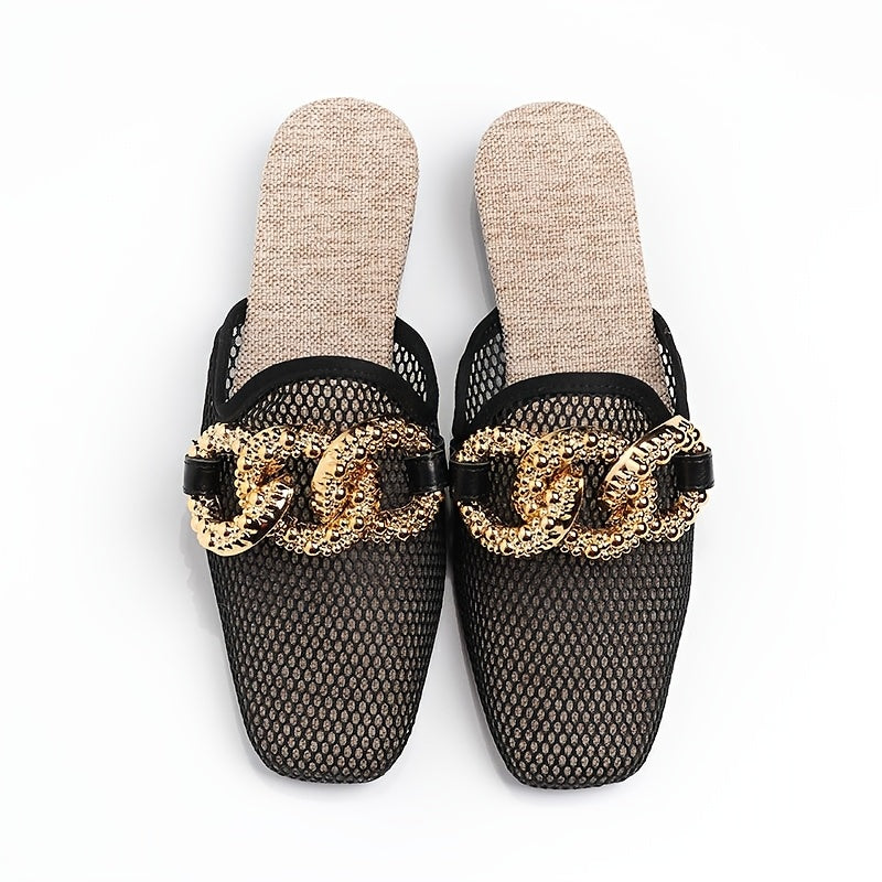 Women's Summer Slide Sandals with Chain Decoration Breathable Mesh