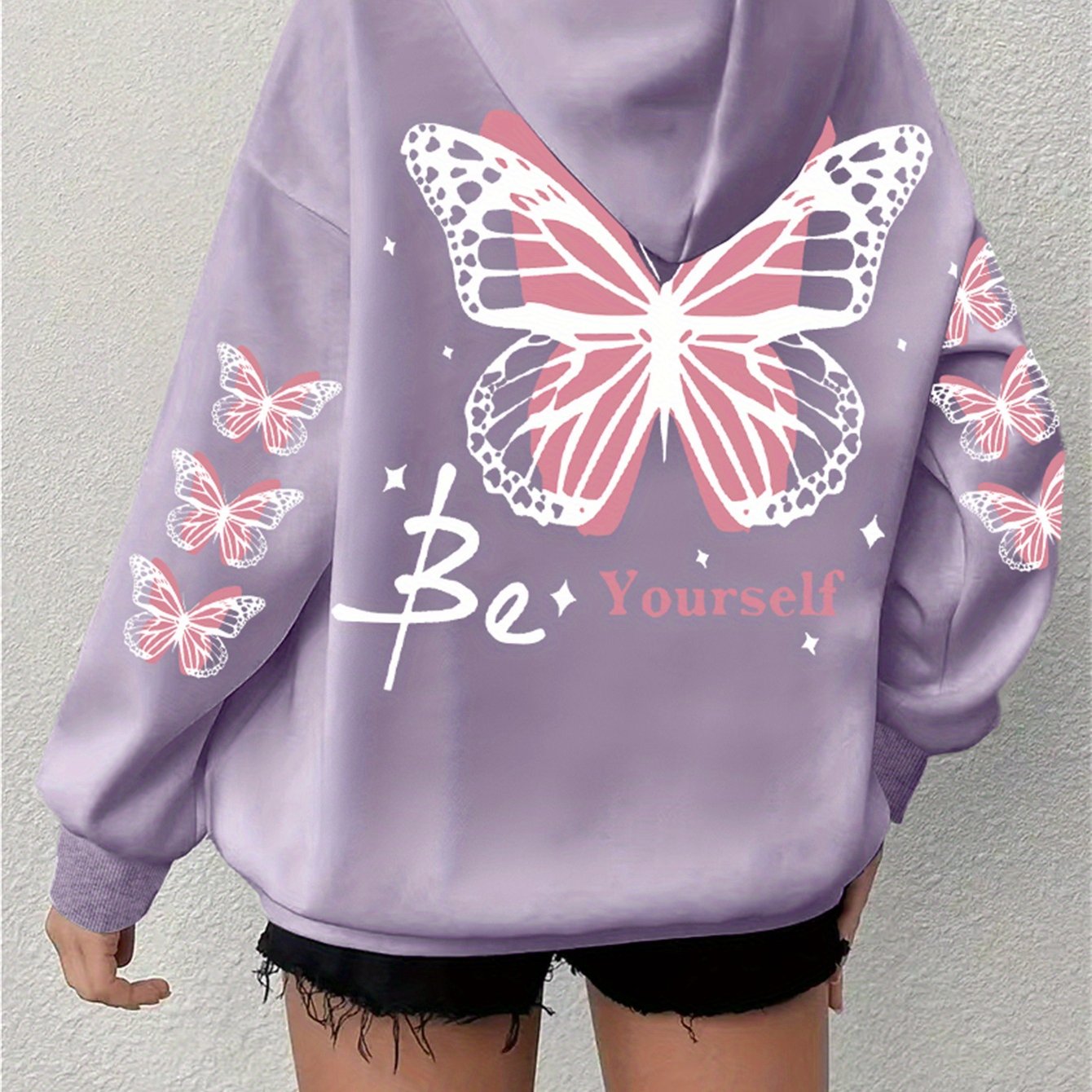 Толстовка с принтом бабочки для полных женщин, повседневная с длинными рукавами и капюшоном, на шнурке