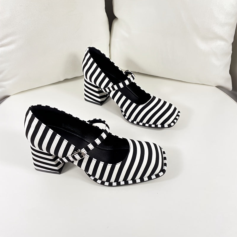 Women’s Striped Pattern Mary Jane Pumps Square Toe Block Heel