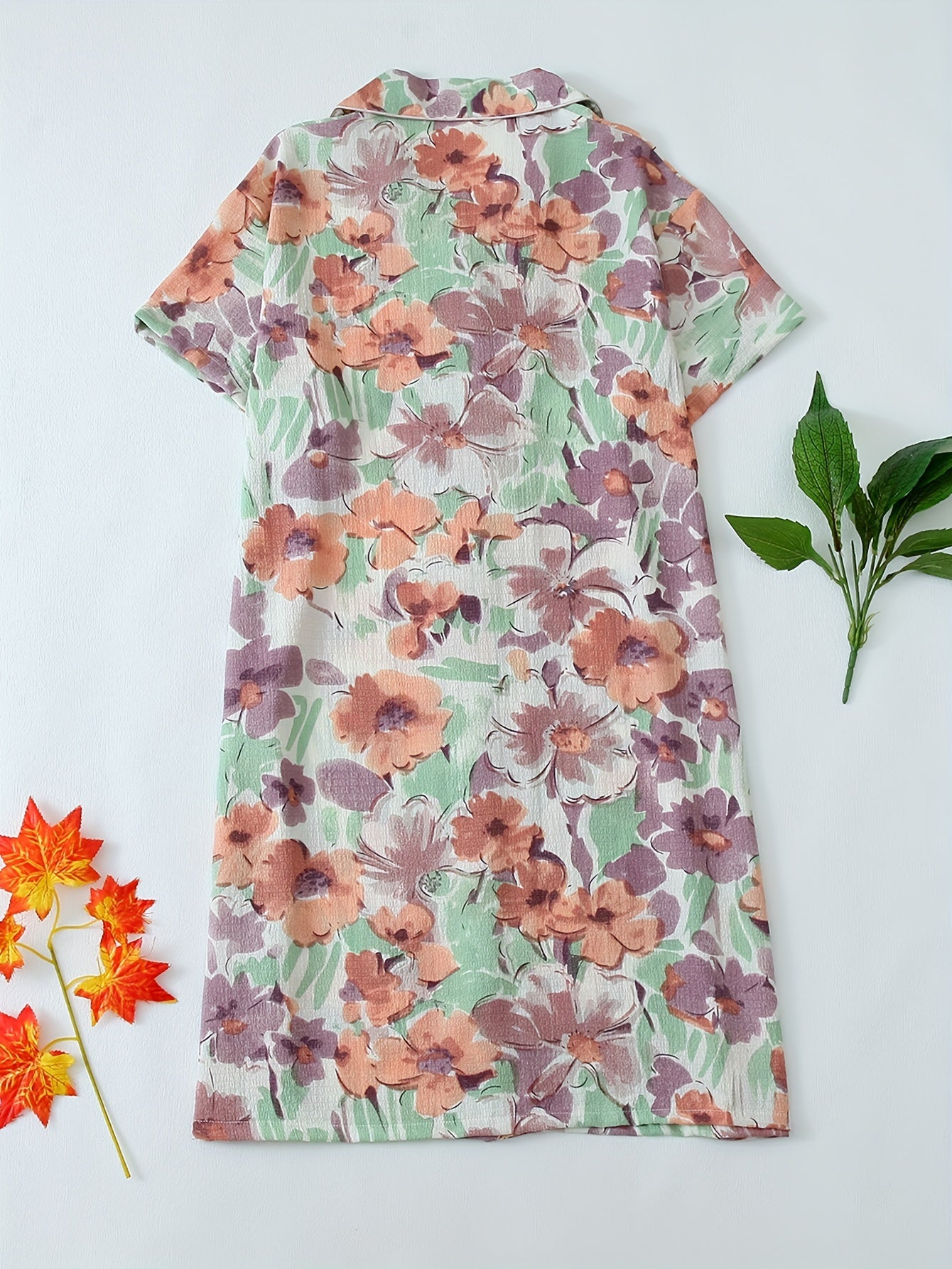 Plus Size Floral Print Boho Sleep Dress Short Sleeve Nightgown