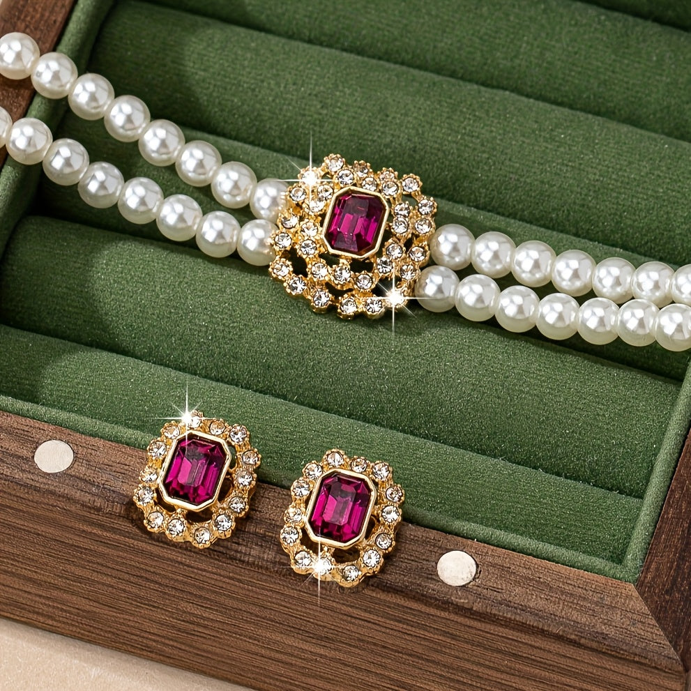 Women's Elegant Double Row Square Necklace and Earring Set Silver Tone