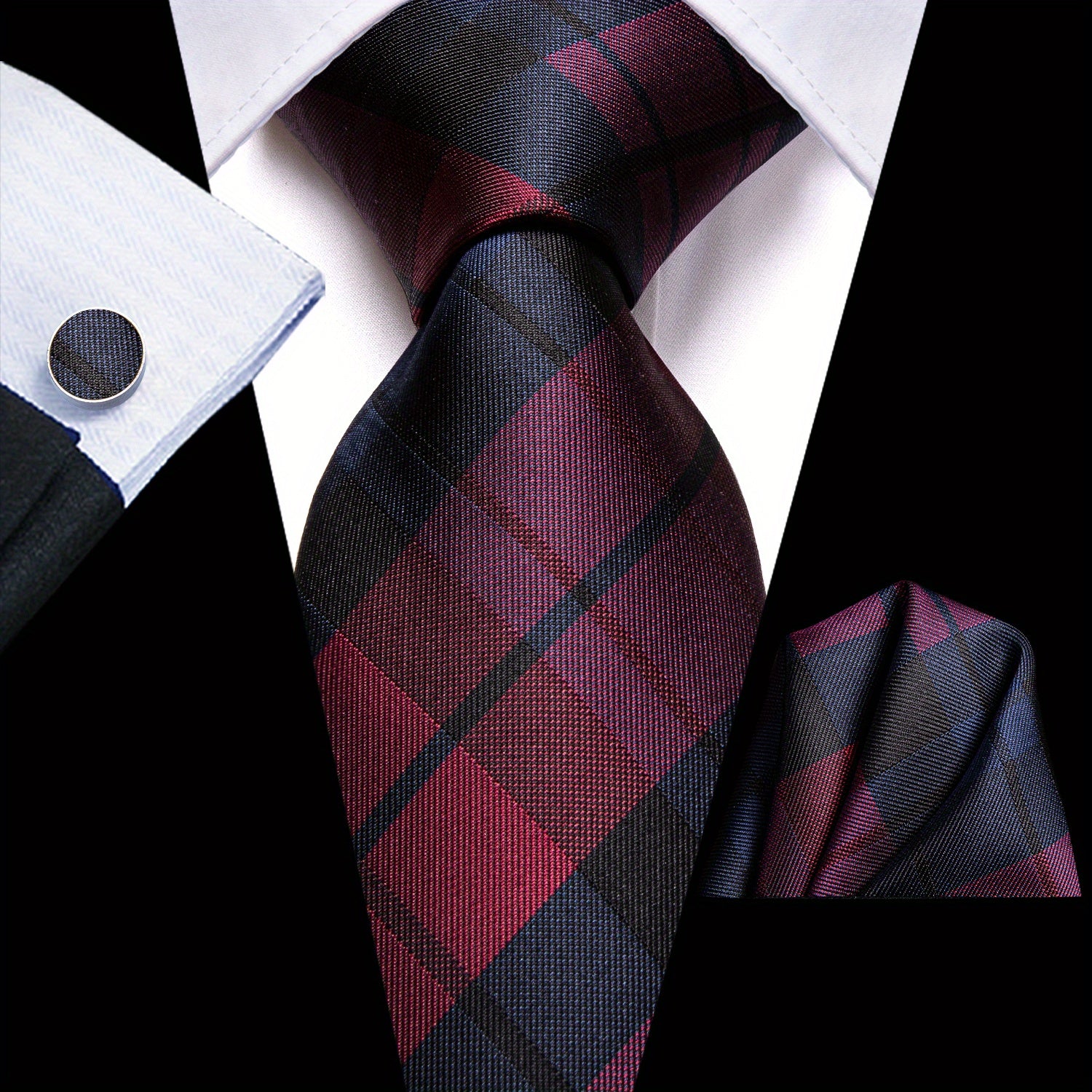 Men's Plaid Necktie Set with Hanky and Cufflinks for Weddings Business and Parties