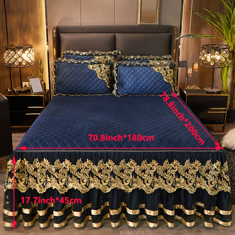 Solid Color Bed Skirt and Pillowcase Set with Lace Detail Quilted Ruffled Design