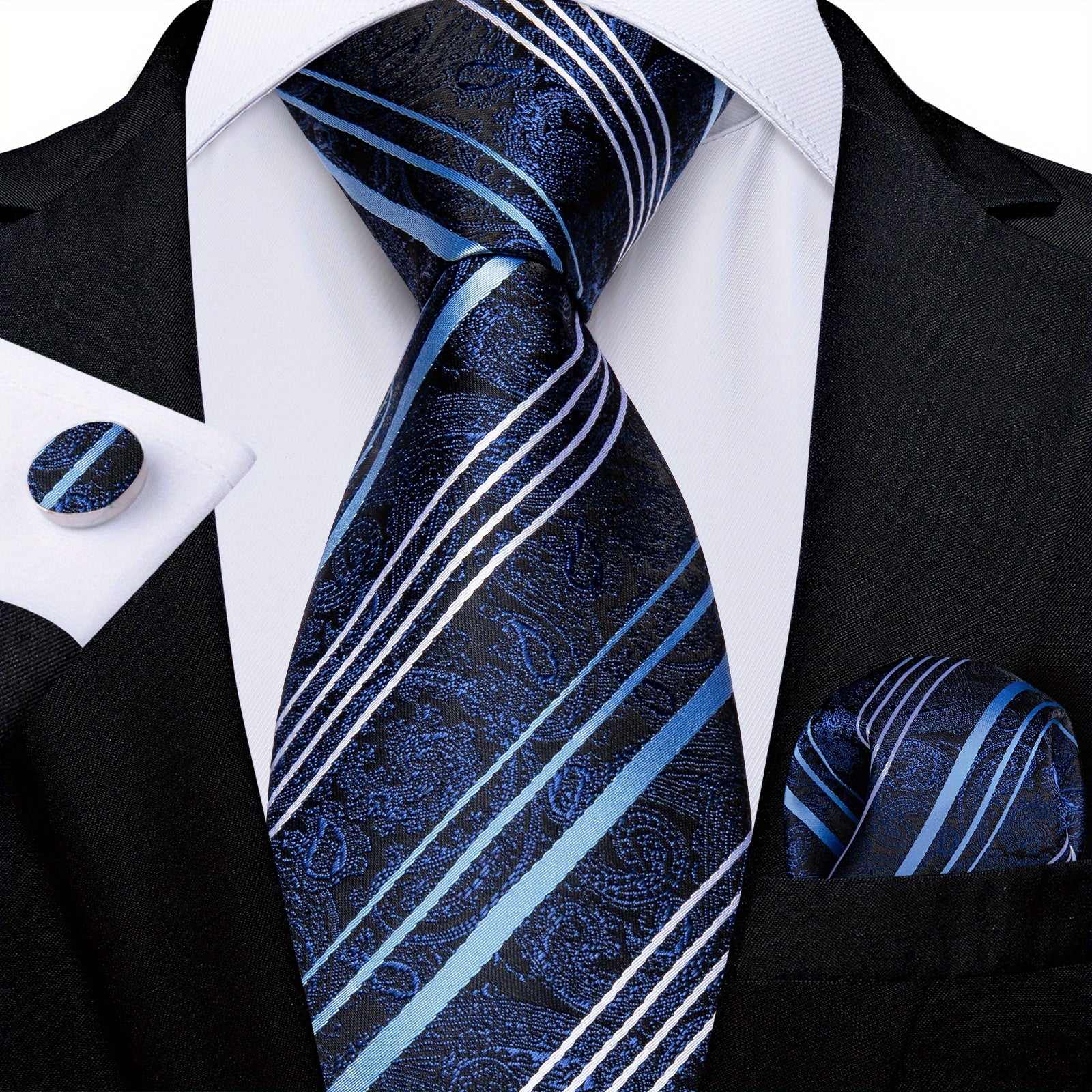 Men's Striped Necktie Set with Handkerchief and Cufflinks for Weddings and Business