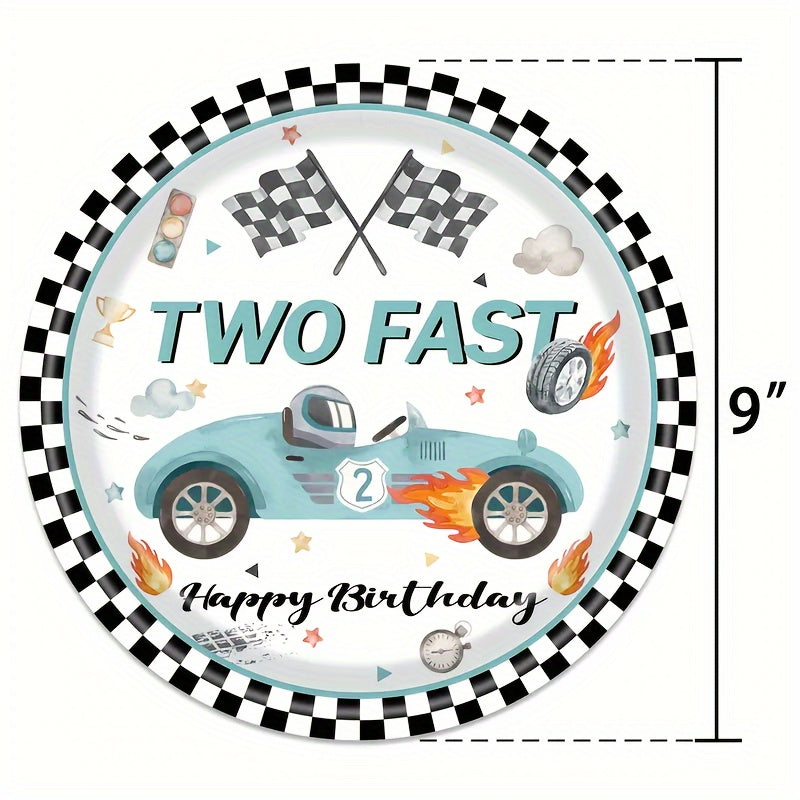 Set of 10 Birthday Party Plates Cups Napkins Paper Dinnerware Blue Race Car Checkered Flag for 2nd Birthdays Tailgate Celebrations