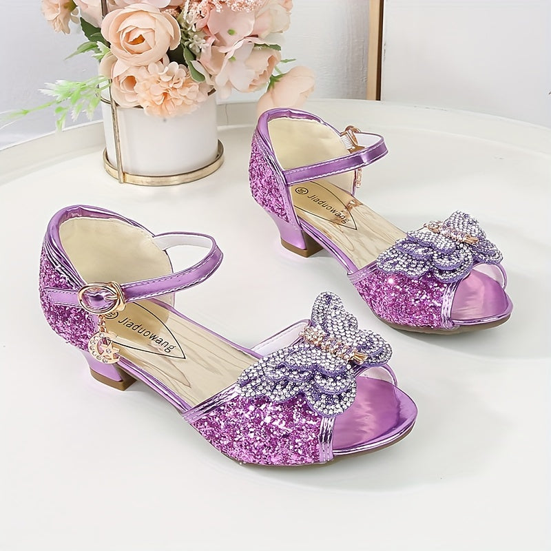 Девочки летние туфли-танцевальные на каблуке в стиле бабочка принцесса с пайетками и пряжкой
