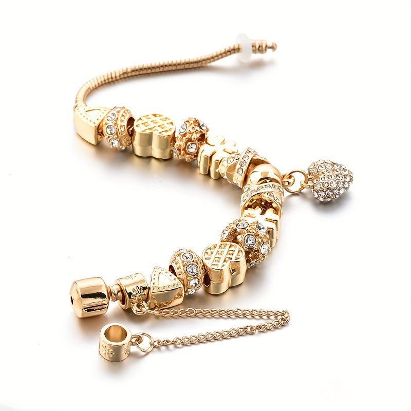 Gold Tone Heart Charm Bracelet with Rhinestones and Large Hole Beads
