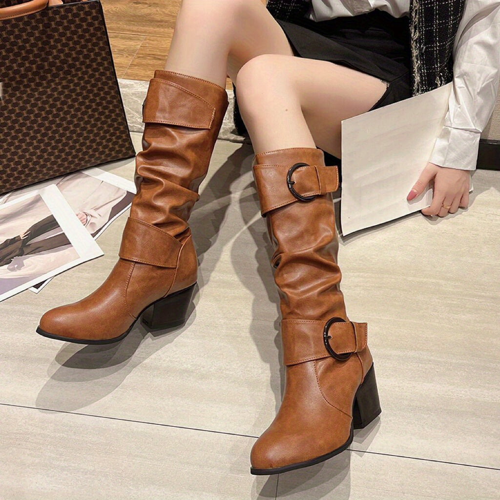 Women's Solid Color Casual Buckle Heel Round Toe Boots