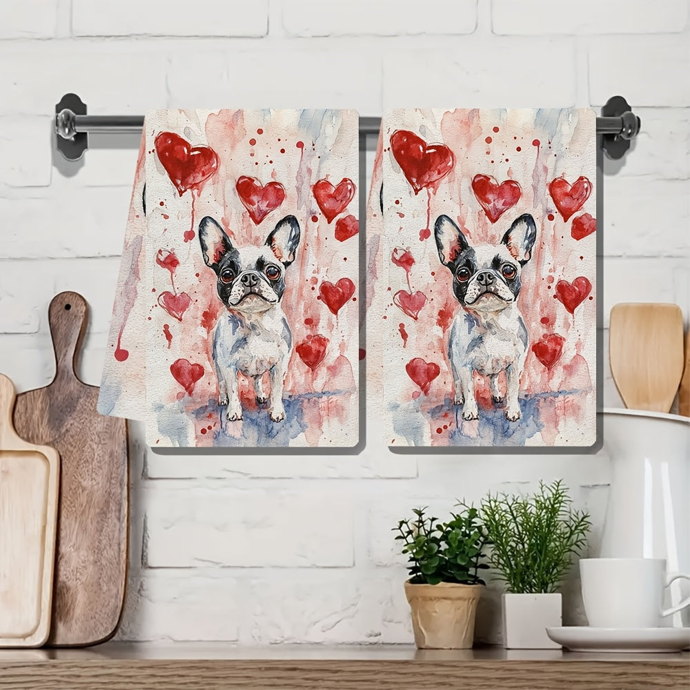 Two Pieces Kitchen Towels French Bulldog Heart Design Absorbent Quick-Drying
