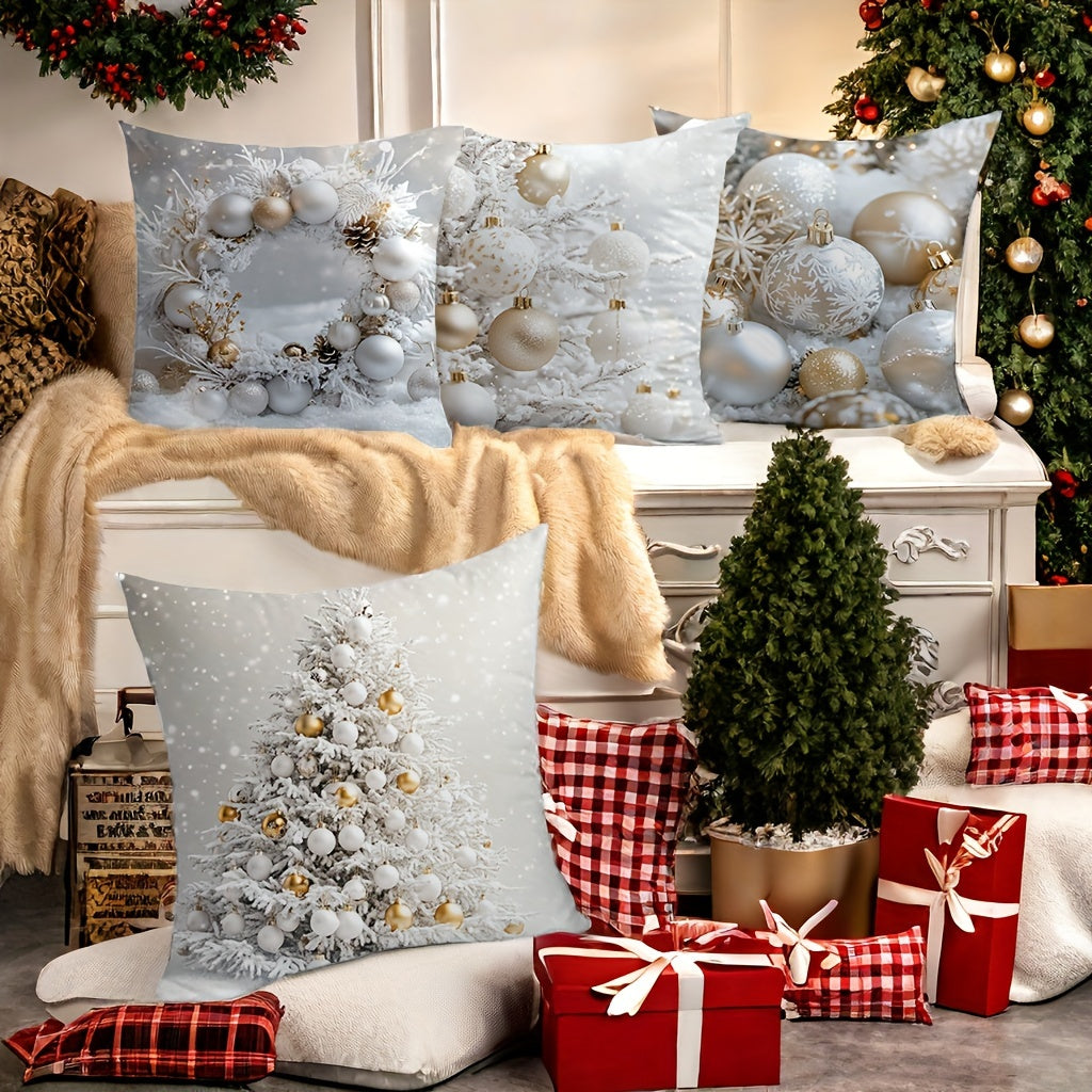 Set of 4 Christmas Throw Cushion Covers Wreath and Tree Prints Polyester 45cm